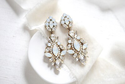 Vintage inspired crystal Bridal earrings with white opal and clear crystals, Special occasion earrings - image3